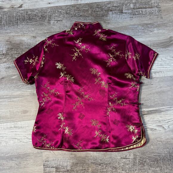 Vintage Cassure Pure Silk Burgundy Cheongsam Top Gold Embroidery Large - Picture 2 of 10